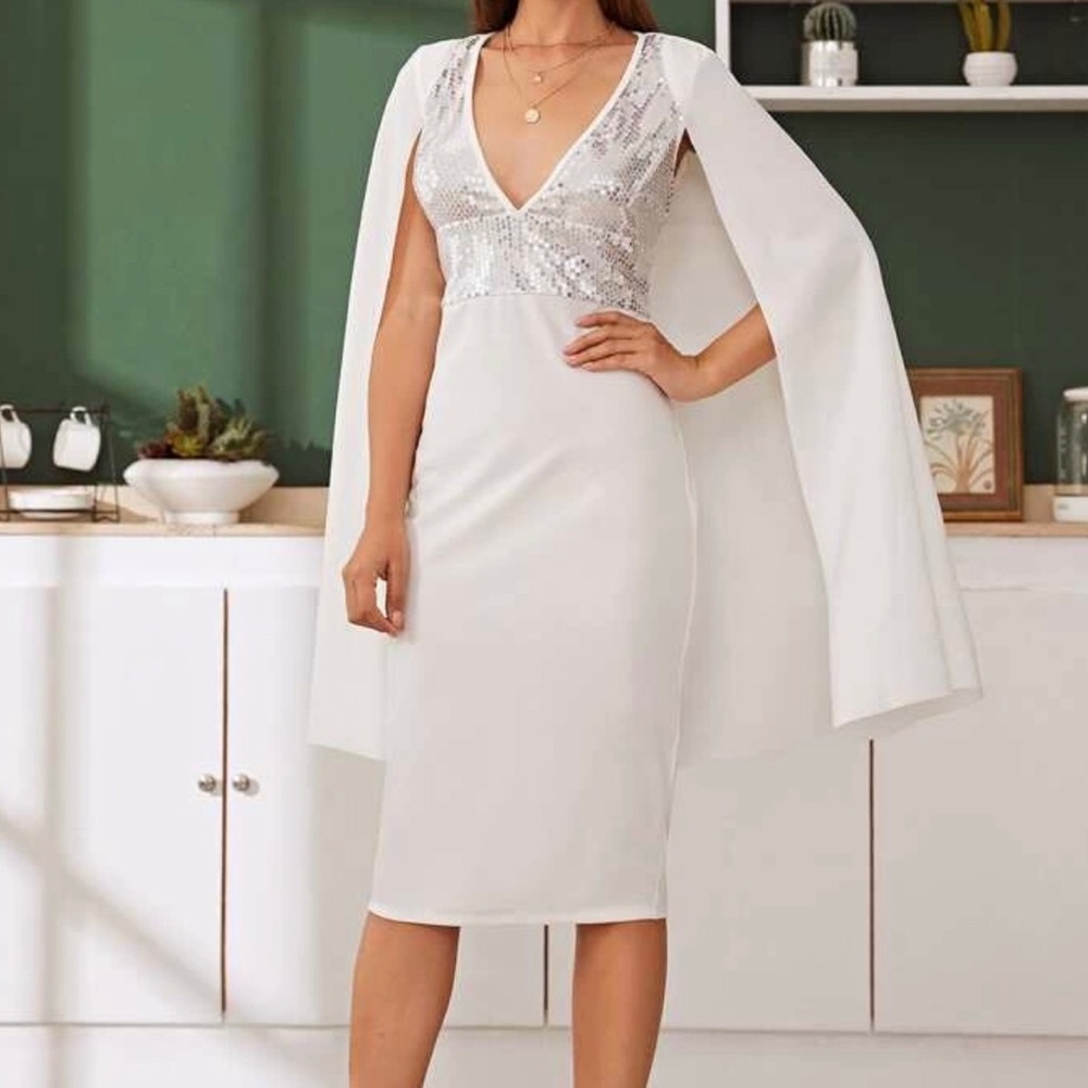 Sequin Bodice Cape Dress